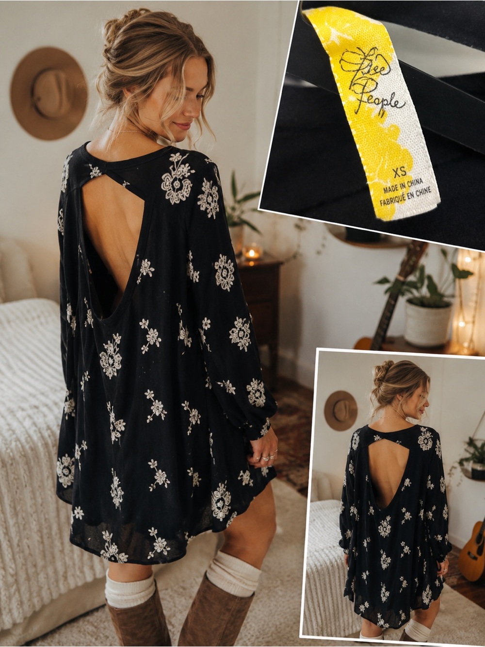 Free People Black Embroidered Open Back Boho Tunic Top Mini Dress XS